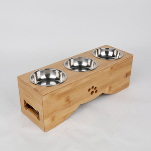 Kind Bamboo & Melamine <b>Dog</b> Cat Food <b>Table</b> Raised Feeder Bowl Set Portable Modern Style - Product Image 2