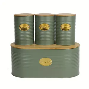 BX Customized bamboo lid 4 piece galvanized metal storage can canister set