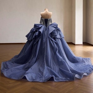Rsm261119 Romantic Off Shoulder Crystal Beaded Ruffle Glitter Tulle Navy Blue <b>Ball</b> <b>Gown</b> Quinceanera Dress Jancember - Product Image 6