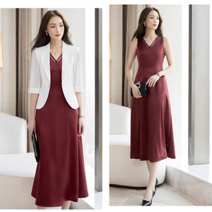 Women's Two Piece Suit Set Solid Color Satin Blazer And Dress Elegant Workwear For Office Wear - Product Image 1