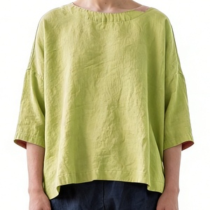 Blusa de Algodón para Mujer, Corte Holgado, Cuello Barco, Manga Murciélago 3/4, Camisa Casual con Textura Crepé, Top de Verano para Uso Diario y Vacaciones - Product Image 4