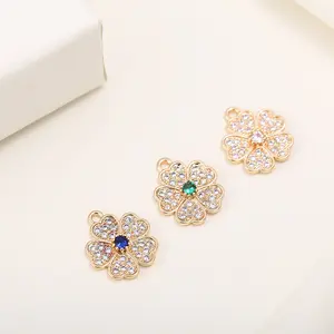 Wholesale 14K Gold Plated Inlaid White Blue Green Flower Shape Heart Pattern Charm for Jewelry Making