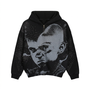 Men's Oversized <b>Graphic</b> <b>Zip</b> <b>Up</b> <b>Hoodie</b> Vintage Streetwear Rhinestones Hooded Y2K Hip Hop Casual Cotton Fleece Sweatshirt Winter - Product Image 1