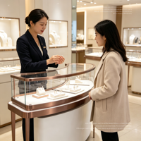 Vitrine de présentation de bijoux incurvée, cadre en métal or rose, verre trempé, comptoir blanc, armoire incurvée avec éclairage LED, pieds en métal fins