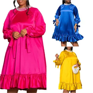 D352 dernière conception de robe d'été pour femmes, couleur unie, manches longues, robes décontractées, ample à volants avec perles, 2023