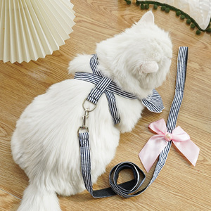 Harnais rayé bleu pour animaux de compagnie avec nœud rose pour chats et chiens, taille petite et moyenne, ceinture de traction en polyester - Product Image 4