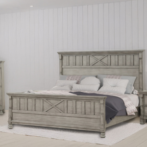 ชุดเฟอร์นิเจอร์ห้องนอนสไตล์บ้านไร่สีเทา เตียงคิงไซส์ ตู้เสื้อผ้า โต๊ะข้างเตียง และตู้เก็บของ พร้อมดีไซน์ลาย X สำหรับตกแต่งห้องนอนสไตล์เรียบง่าย - Product Image 1