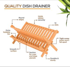 Escurridor de Platos Plegable de Bambú Ecológico de Dos Niveles, Tipo Vertical, con Soporte para Utensilios de Cocina - Product Image 2