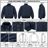 Blouson Bomber Homme Col Montant Bleu Marine avec Fermeture Éclair et Boutons-Pression, Doublure Matelassée Légèrement Rembourrée, Poignets et Ourlet Côtelés, Manteau Décontracté d'Hiver – Vente en Gros