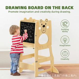 Solid Wood Foldable Height Adjustable <b>Step</b> <b>Stool</b> For Kids With Bear Design And Chalkboard Feature - Product Image 3