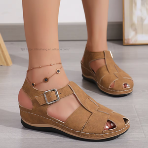 Women <b>Closed</b>-<b>Toe</b> <b>Sandals</b> Thick Sole Summer New Style Large Wedge Hollow Out European American Style Woven Beach <b>Sandals</b> - Product Image 1