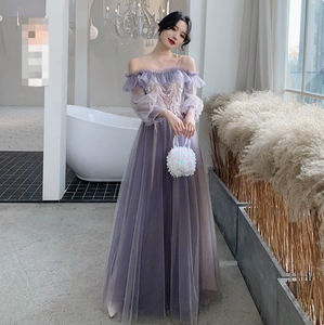 Gaun Pengiring Pengantin Tulle Ungu Kustom Wanita Gaun Formal Lengan Panjang Ukuran Besar Gaun Pesta Prom Pernikahan - Product Image 6