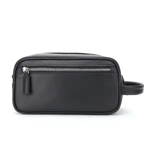 Custom Logo Waterproof Male Black Soft Wash Bag Black Pu Leather Travel Cosmetic Bag Mens Toiletry Bag