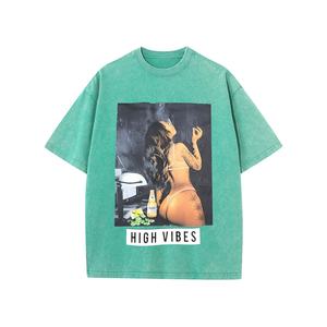 เสื้อยืดผ้าฝ้ายฟอก100% วินเทจย้อนยุคสำหรับผู้ชายผ้าฝ้ายถักสไตล์ฮิปฮอปแขนสั้นคอเต่าโอเวอร์ไซส์ - Product Image 6