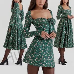 2024 Summer Fashion Lady Long Puff Sleeve Boho Green Floral Printed Square Neckline Corset Mini Midi Custom Dress For Women