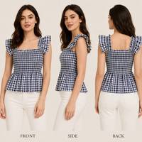 Top sin mangas informal con cuello cuadrado, volantes en los hombros y estampado a cuadros para mujer, diseño ODM, para uso diario, multicolor