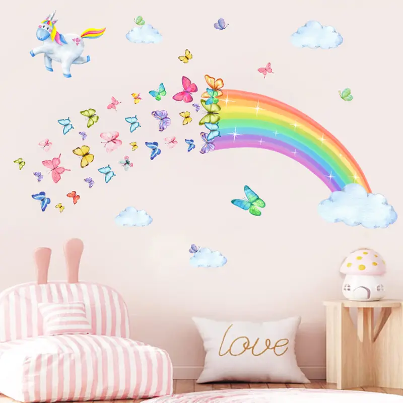 Vlinder Regenboog Eenhoorn Muurstickers Voor Kinderkamer Decoratie Baby Meisjes Baby Jongens Kamer Muur Stickers Kleuterschool Kinderkamer