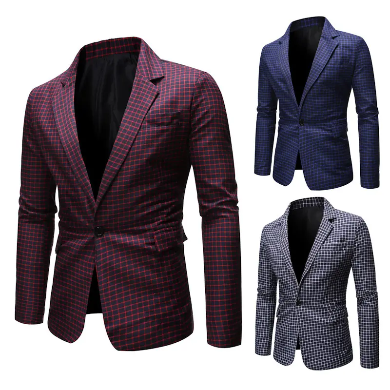 Men's Slim Fit Suit Plaid Blazer Men Casual Jackets Single Breasted Formal Suit Business Office Coat