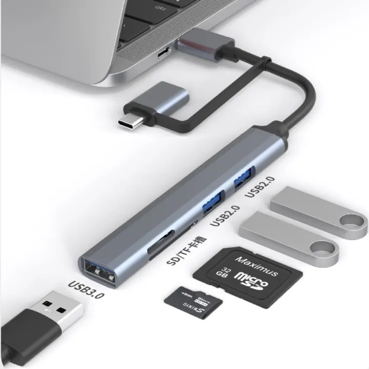 Stasiun Dok multifungsi USB C, Portabel 5 in 1 Aluminium USB C HUB Tipe C ke USB 3.0 untuk komputer Laptop