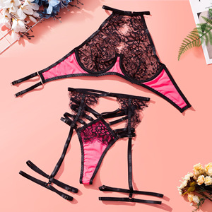 <b>Sexy</b> Bondage Hollow Out Contrast Color Lingerie <b>Set</b> Hot Selling Eyelash Lace Three Piece Bra Brief <b>Set</b> - Product Image 6