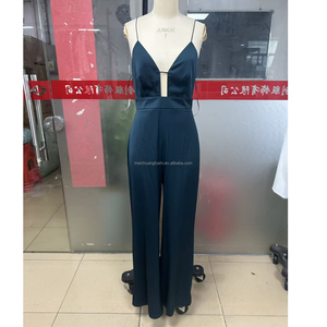OEM Custom Silk Satin <strong>Jumpsuit</strong> Women Sexy Deep V Neck Spaghetti Strap Wide Leg Rompers Backless High Waist Club <strong>Jumpsuits</strong> - Product Image 3