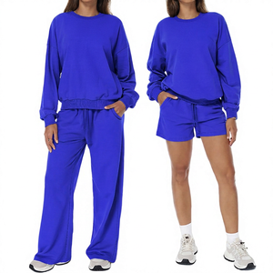 Conjunto Deportivo de Pantalones y Shorts de Algodón Azul Oversize para Mujer, Cuello Redondo, Hombros Caídos, Color Sólido, Tejido Transpirable - Product Image 1