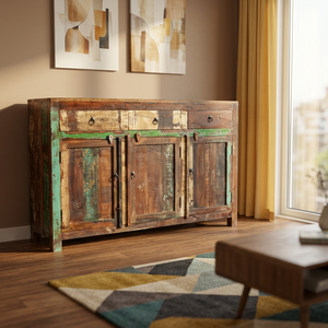 Buffet de rangement traditionnel en bois massif, style antique, avec 3 tiroirs, idéal pour les salons/salles à manger de style farmhouse ou d'hôtel, fait main - Product Image 3