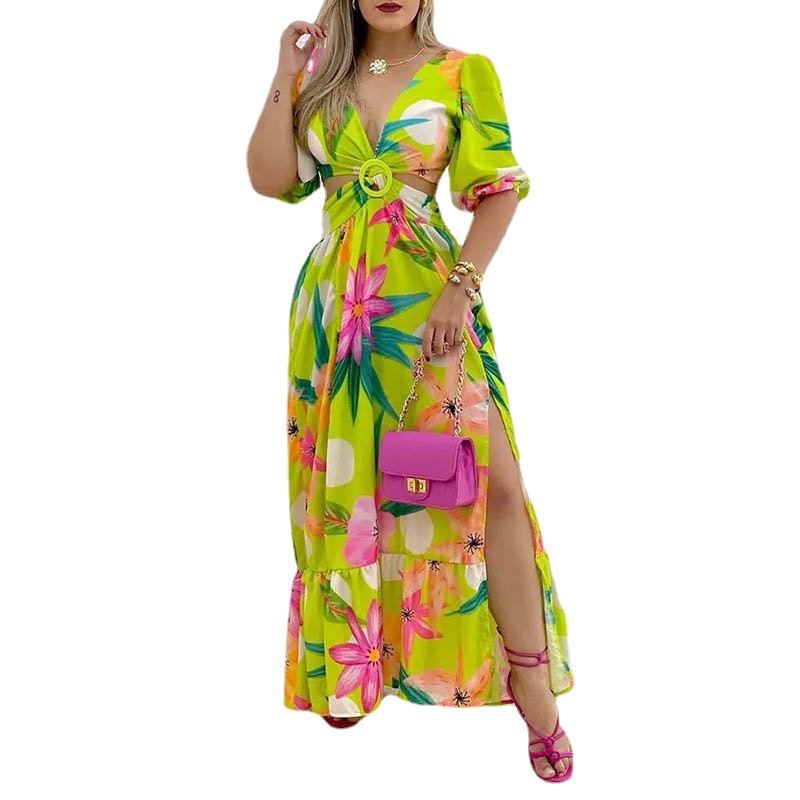 S-3XL European and American Commuter Women's Temperament Printed V-neck Fashion Split Long Dress Ditsy Floral Dress