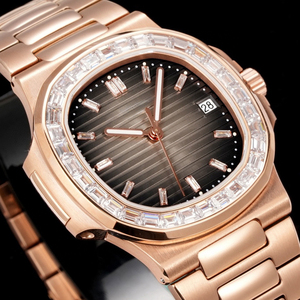 Rose Gold Premium Octagonal Gemstones Encrusted Bezel Homage <b>Watch</b> Porthole <b>Case</b> Horizontal Embossed Dial Automatic Wristwatch - Product Image 2