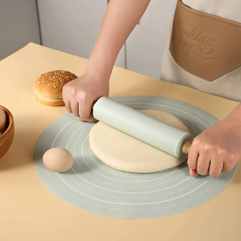 Outils de cuisson Tapis de pâtisserie rond en silicone antiadhésif manche en bois Rouleau à pâtisserie avec tapis à pâte en silicone