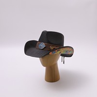 Chapeau de cowboy en herbe naturelle brodé à la main, peint à la bombe noir et rouge, pour hommes et femmes, à large bord, protection solaire, nouveau style ethnique, été