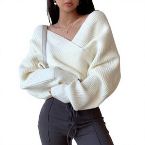 Suéter de punto con cuello en V para mujer, jersey de manga larga, ajuste holgado acanalado, para otoño - Product Image 4