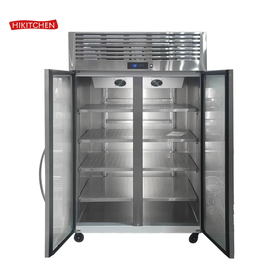 Stainless Steel Commercial Kitchen Double Glass Door Meat Vegetable Showcase Freezer