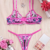 Ensemble de lingerie sexy 2 pièces 2026 : Soutien-gorge à armatures en dentelle et culotte brodée en maille transparente, avec bretelles et effet push-up