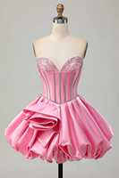 Robe de soirée courte rose vif sans bretelles avec strass, corset plissé en satin, mini-robe de cocktail pour femmes, idéale pour les anniversaires