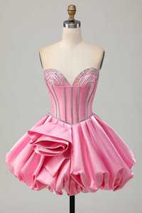 Robe de soirée courte rose vif sans bretelles avec strass, corset plissé en satin, mini-robe de <span class=keywords><strong>cocktail</strong></span> pour femmes, idéale pour les anniversaires - Product Image 3