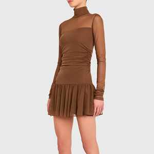 Women High Neck Mesh Mini <b>Dress</b> Long Sleeve Ruched Waist Sheer Mesh Pleated Hem Bodycon <b>Dress</b> <b>Custom</b> Logo - Product Image 3