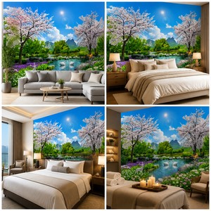 Peinture murale tropicale personnalisée en aquarelle sur toile, feuilles de palmier, toucan, cacatou, papier peint pour salon, chambre à coucher, hôtel - Product Image 4