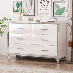 Elegant High Gloss Dresser with Metal Handle,Mirrored Storage Cabinet with <b>6</b> <b>Drawers</b> for Bedroom,Living Room,White - Product Image 2