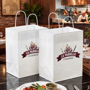 Sacs à emporter en papier kraft blanc écologiques et recyclables, imprimés sur mesure, pour les restaurants de restauration rapide de steaks, avec poignée - Product Image 4