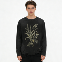 T-shirt personnalisé Kornit DTG pour homme, manches longues, effet vintage, imprimé botanique et détails en strass, service OEM