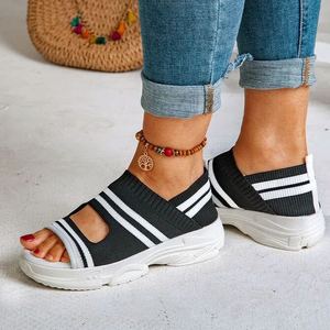 Sandalias deportivas informales de verano con plataforma y punta abierta para mujer, parte superior de punto a rayas, suela gruesa, calzado para caminar en la playa - Product Image 4