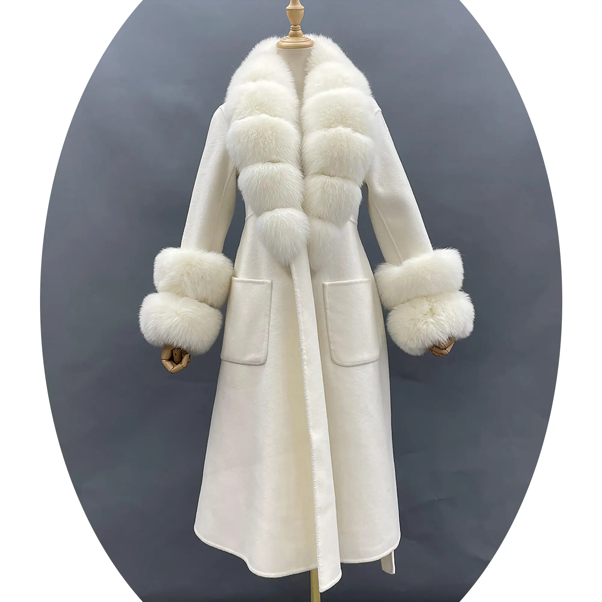 Elegant ladies winter cashmere luxury fluffy fox fur collat cuffs women wool long coat