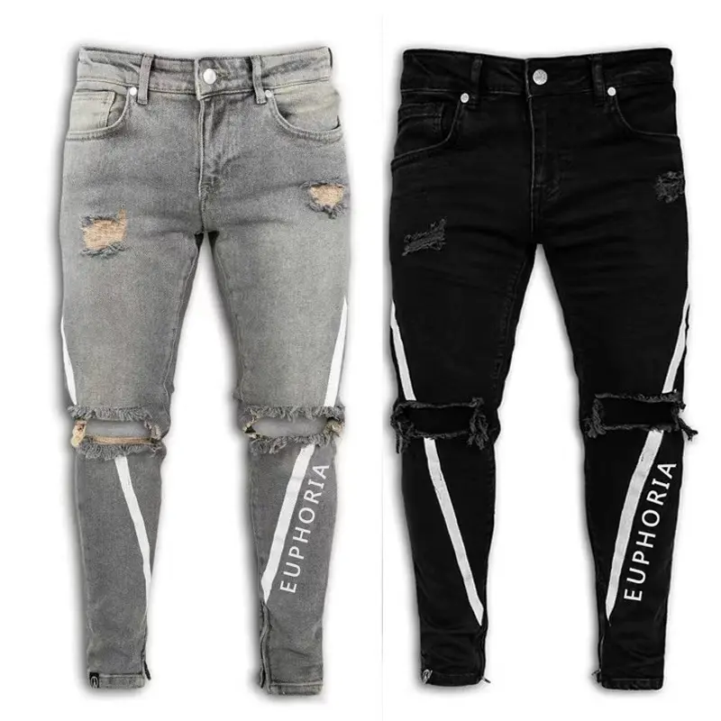 J & H neues Design Hip Hop Mode gedruckt Skinny Herren Jeans Mode zerrissen aushöhlen Jeans hose Sommer Freizeit hose
