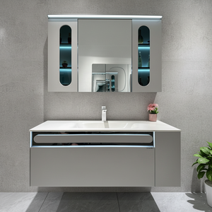 Miroir de salle de bain moderne 2026 avec armoire en marbre, éclairage LED à induction intelligent, lavabo en pierre, rangement, largeur durable, résistant à l'eau - Product Image 1