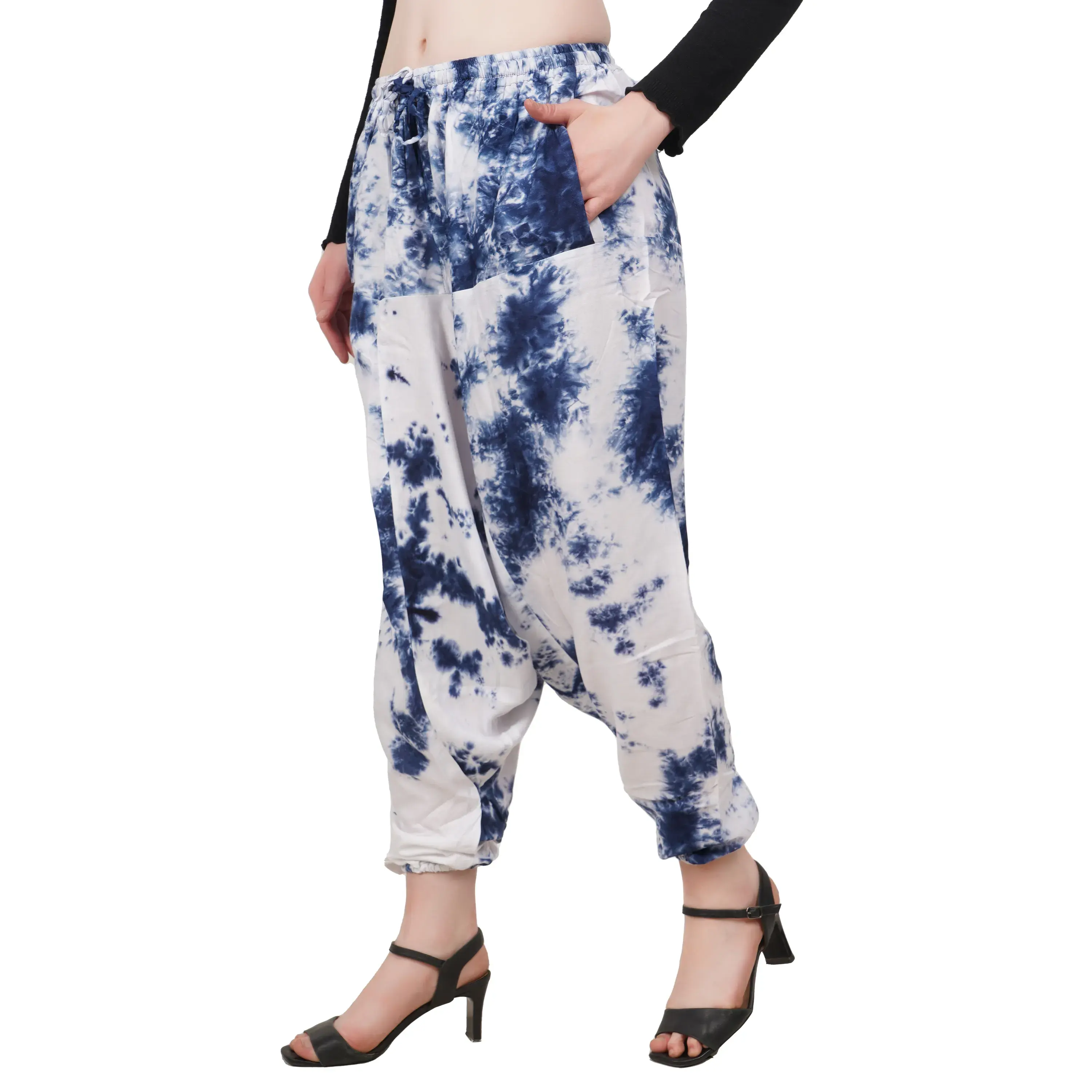 Best Quality Viscose Yoga Pants White and Blue Color Tie-Dye Trousers Pants Harem Pants with Customized Available
