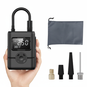 เครื่องเติมลมยางดิจิตอลแบบพกพา 12V สูบเดียว พลาสติกสีดำ ขนาดกะทัดรัด ใช้ได้กับรถยนต์และมอเตอร์ไซค์ พร้อมเกจวัดแรงดันและอุปกรณ์วาล์ว - Product Image 1