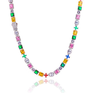 2026 Hot Selling Vintage Colorful Painting Enamel Cross Mix Gemstone Pink Zircon Diamond Chain Women <b>Men</b> Necklace Jewelry - Product Image 3