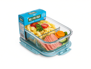 Contenitore in vetro O8 per alimenti da 1040 ml, rettangolare compartimentato con coperchio a clip per uso in cucina e campeggio - Product Image 1