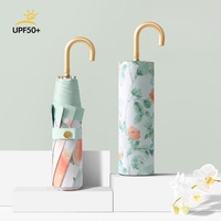 Parapluie pliant de voyage classique en aluminium doré avec imprimé floral, en pongé, avec poignée intérieure colorée pour femmes